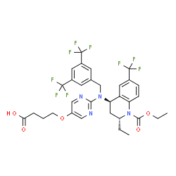 ChemSpider 2D Image | 4-[(2-{[3,5-Bis(trifluoromethyl)benzyl][(2R,4R)-1-(ethoxycarbonyl)-2-ethyl-6-(trifluoromethyl)-1,2,3,4-tetrahydro-4-quinolinyl]amino}-5-pyrimidinyl)oxy]butanoic acid | C32H31F9N4O5