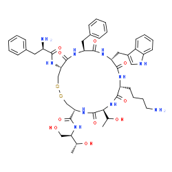 ChemSpider 2D Image | (4R,7S,10R,13R,16S,19R)-10-(4-Aminobutyl)-16-benzyl-N-[(2R,3R)-1,3-dihydroxy-2-butanyl]-7-[(1R)-1-hydroxyethyl]-13-(1H-indol-3-ylmethyl)-6,9,12,15,18-pentaoxo-19-(D-phenylalanylamino)-1,2-dithia-5,8,1
1,14,17-pentaazacycloicosane-4-carboxamide | C49H66N10O10S2