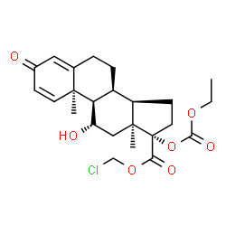 ChemSpider 2D Image | Chloromethyl (9beta,11beta,14beta,17beta)-17-[(ethoxycarbonyl)oxy]-11-hydroxy-3-oxoandrosta-1,4-diene-17-carboxylate | C24H31ClO7