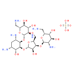 ChemSpider 2D Image | (1R,2S,3R,4R,6S)-4,6-Diamino-2-{[3-O-(2,6-diamino-2,6-dideoxy-alpha-D-idopyranosyl)-alpha-L-lyxofuranosyl]oxy}-3-hydroxycyclohexyl 2,6-diamino-2,6-dideoxy-beta-D-glucopyranoside sulfate (1:1) | C23H48N6O17S