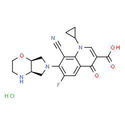 ChemSpider 2D Image | 8-Cyano-1-cyclopropyl-6-fluoro-7-[(4aR,7aS)-hexahydropyrrolo[3,4-b][1,4]oxazin-6(2H)-yl]-4-oxo-1,4-dihydro-3-quinolinecarboxylic acid hydrochloride (1:1) | C20H20ClFN4O4