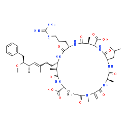 ChemSpider 2D Image | (5R,8S,11R,12S,15S,18S,19S,22R)-15-(3-Carbamimidamidopropyl)-8-isobutyl-18-[(1E,3E,5S,6S)-6-methoxy-3,5-dimethyl-7-phenyl-1,3-heptadien-1-yl]-1,5,12,19-tetramethyl-2-methylene-3,6,9,13,16,20,25-heptao
xo-1,4,7,10,14,17,21-heptaazacyclopentacosane-11,22-dicarboxylic acid | C49H74N10O12