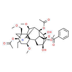 ChemSpider 2D Image | (1alpha,3alpha,4beta,6alpha,7beta,8alpha,11beta,13alpha,14alpha,15alpha,16beta,17S)-3,8-Diacetoxy-20-ethyl-13,15-dihydroxy-1,6,16-trimethoxy-4-(methoxymethyl)aconitan-14-yl benzoate | C36H49NO12