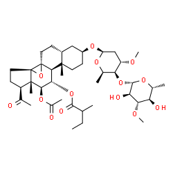 ChemSpider 2D Image | (3beta,5beta,11alpha,12beta)-12-Acetoxy-3-{[2,6-dideoxy-4-O-(6-deoxy-3-O-methyl-beta-D-glucopyranosyl)-3-O-methyl-beta-D-xylo-hexopyranosyl]oxy}-20-oxo-8,14-epoxypregnan-11-yl 2-methylbutanoate | C42H66O14