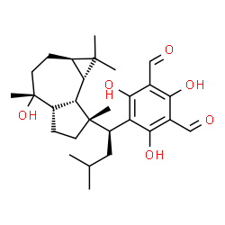 ChemSpider 2D Image | 2,4,6-Trihydroxy-5-{(1S)-1-[(1aR,4R,4aS,7R,7aS,7bS)-4-hydroxy-1,1,4,7-tetramethyldecahydro-1H-cyclopropa[e]azulen-7-yl]-3-methylbutyl}isophthalaldehyde | C28H40O6