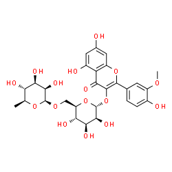 ChemSpider 2D Image | 5,7-Dihydroxy-2-(4-hydroxy-3-methoxyphenyl)-4-oxo-4H-chromen-3-yl 6-O-(6-deoxy-beta-L-mannopyranosyl)-alpha-D-mannopyranoside | C28H32O16