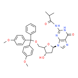 ChemSpider 2D Image | 9-{(4xi)-5-O-[Bis(4-methoxyphenyl)(phenyl)methyl]-2-deoxy-beta-D-glycero-pentofuranosyl}-2-(isobutyrylamino)-1,9-dihydro-6H-purin-6-one | C35H37N5O7