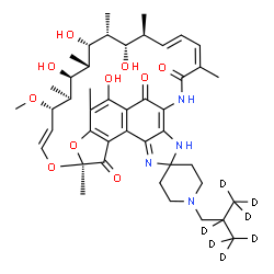 ChemSpider 2D Image | (7S,9E,11S,12S,13S,14R,15R,16R,17S,18S,19E,21Z)-2,13,15,17-Tetrahydroxy-11-methoxy-3,7,12,14,16,18,22-heptamethyl-1'-[2-(~2~H_3_)methyl(2,3,3,3-~2~H_4_)propyl]-6H,23H,32H-spiro[8,33-dioxa-24,27,29-tri
azapentacyclo[23.6.1.1~4,7~.0~5,31~.0~26,30~]tritriaconta-1(31),2,4,9,19,21,25,29-octaene-28,4'-piperidine]-6,23,32-trione | C44H53D7N4O10
