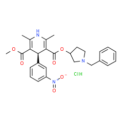 ChemSpider 2D Image | 1-Benzyl-3-pyrrolidinyl methyl (4S)-2,6-dimethyl-4-(3-nitrophenyl)-1,4-dihydro-3,5-pyridinedicarboxylate hydrochloride (1:1) | C27H30ClN3O6