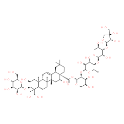 ChemSpider 2D Image | 3-O-[(2R,3S,4R)-3,4-Dihydroxy-4-(hydroxymethyl)tetrahydro-2-furanyl]-alpha-D-lyxopyranosyl-(1->4)-6-deoxy-beta-L-glucopyranosyl-(1->2)-1-O-[(2beta,3beta,5beta,8alpha,9beta,10alpha,14beta,16alpha,17alp
ha,18alpha)-2,16,23,24-tetrahydroxy-3-(alpha-D-mannopyranosyloxy)-28-oxoolean-12-en-28-yl]-beta-L-ribopyranose | C57H92O28