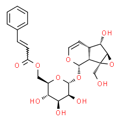 ChemSpider 2D Image | (1aR,1bR,2S,6S,6aR)-6-Hydroxy-1a-(hydroxymethyl)-1a,1b,2,5a,6,6a-hexahydrooxireno[4,5]cyclopenta[1,2-c]pyran-2-yl 6-O-[(2E)-3-phenyl-2-propenoyl]-alpha-D-mannopyranoside | C24H28O11