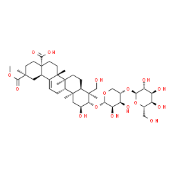 ChemSpider 2D Image | (2beta,3alpha,8alpha,9beta,10alpha,14beta,17alpha,18alpha)-3-{[4-O-(alpha-L-Altropyranosyl)-alpha-L-lyxopyranosyl]oxy}-2,24-dihydroxy-30-methoxy-30-oxoolean-12-en-28-oic acid | C42H66O16