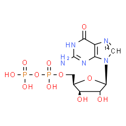 ChemSpider 2D Image | 2-Amino-9-{(2xi)-5-O-[hydroxy(phosphonooxy)phosphoryl]-beta-D-threo-pentofuranosyl}(8-~14~C)-1,9-dihydro-6H-purin-6-one | C914CH15N5O11P2