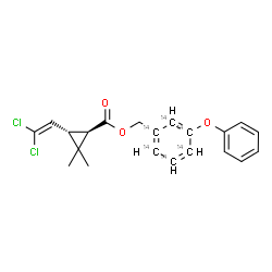 ChemSpider 2D Image | [3-Phenoxy(~14~C_6_)phenyl]methyl (1R,3S)-3-(2,2-dichlorovinyl)-2,2-dimethylcyclopropanecarboxylate | C1514C6H20Cl2O3