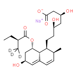 ChemSpider 2D Image | Sodium (3S,5R)-3,5-dihydroxy-7-[(1S,2S,6S,8S,8aR)-6-hydroxy-2-methyl-8-{[(2S)-2-(~2~H_3_)methylbutanoyl]oxy}-1,2,6,7,8,8a-hexahydro-1-naphthalenyl]heptanoate | C23H32D3NaO7