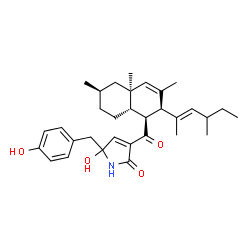 ChemSpider 2D Image | 5-Hydroxy-5-(4-hydroxybenzyl)-3-({(1S,2R,4aR,6R,8aS)-3,4a,6-trimethyl-2-[(2E)-4-methyl-2-hexen-2-yl]-1,2,4a,5,6,7,8,8a-octahydro-1-naphthalenyl}carbonyl)-1,5-dihydro-2H-pyrrol-2-one | C32H43NO4