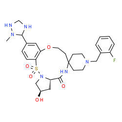ChemSpider 2D Image | (10a'S,12'R)-1-(2-Fluorobenzyl)-12'-hydroxy-3'-(2-methyl-1,2,4-triazolidin-3-yl)-6',7',10a',11',12',13'-hexahydrospiro[piperidine-4,8'-pyrrolo[1,2-b][9,1,2,5]benzoxathiadiazacycloundecin]-10'(9'H)-one
 15',15'-dioxide | C28H37FN6O5S