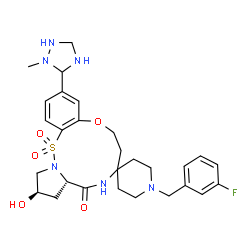 ChemSpider 2D Image | (10a'S,12'R)-1-(3-Fluorobenzyl)-12'-hydroxy-3'-(2-methyl-1,2,4-triazolidin-3-yl)-6',7',10a',11',12',13'-hexahydrospiro[piperidine-4,8'-pyrrolo[1,2-b][9,1,2,5]benzoxathiadiazacycloundecin]-10'(9'H)-one
 15',15'-dioxide | C28H37FN6O5S