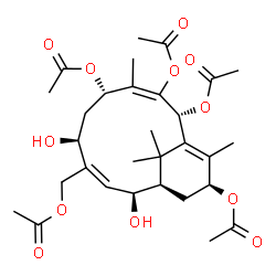 ChemSpider 2D Image | (2R,5S,7S,8Z,10S,11R,13S)-8-(Acetoxymethyl)-7,10-dihydroxy-4,14,15,15-tetramethylbicyclo[9.3.1]pentadeca-1(14),3,8-triene-2,3,5,13-tetrayl tetraacetate | C30H42O12