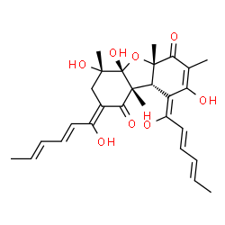ChemSpider 2D Image | (2Z,4S,4aR,5aS,9E,9aR,9bR)-4,4a,8-Trihydroxy-2,9-bis[(2E,4E)-1-hydroxy-2,4-hexadien-1-ylidene]-4,5a,7,9b-tetramethyl-3,4,4a,9,9a,9b-hexahydrodibenzo[b,d]furan-1,6(2H,5aH)-dione | C28H34O8