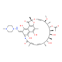 ChemSpider 2D Image | (7R,9Z,11R,12S,13R,14S,15S,16S,17R,18R,19Z,21Z,26Z)-2,15,17,27,29-Pentahydroxy-11-methoxy-3,7,12,14,16,18,22-heptamethyl-26-{[(4-methyl-1-piperazinyl)amino]methylene}-6,23-dioxo-8,30-dioxa-24-azatetra
cyclo[23.3.1.1~4,7~.0~5,28~]triaconta-1(29),2,4,9,19,21,24,27-octaen-13-yl acetate | C43H58N4O12