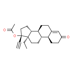 ChemSpider 2D Image | (8S,9R,10S,13R,14R,17S)-13-Ethyl-17-ethynyl-3-oxo-2,3,6,7,8,9,10,11,12,13,14,15,16,17-tetradecahydro-1H-cyclopenta[a]phenanthren-17-yl acetate (non-preferred name) | C23H30O3