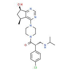ChemSpider 2D Image | (2S)-2-(4-Chlorophenyl)-1-{4-[(5S,7R)-7-hydroxy-5-methyl-6,7-dihydro-5H-cyclopenta[d]pyrimidin-4-yl]-1-piperazinyl}-3-(isopropylamino)-1-propanone | C24H32ClN5O2