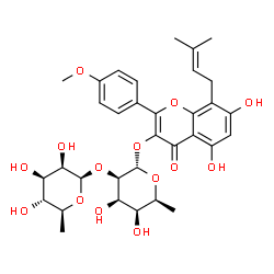 ChemSpider 2D Image | 5,7-Dihydroxy-2-(4-methoxyphenyl)-8-(3-methyl-2-buten-1-yl)-4-oxo-4H-chromen-3-yl 6-deoxy-2-O-(6-deoxy-beta-L-mannopyranosyl)-alpha-L-talopyranoside | C33H40O14