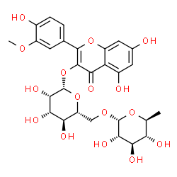 ChemSpider 2D Image | 5,7-Dihydroxy-2-(4-hydroxy-3-methoxyphenyl)-4-oxo-4H-chromen-3-yl 6-O-(6-deoxy-alpha-L-glucopyranosyl)-beta-D-mannopyranoside | C28H32O16