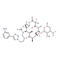 ChemSpider 2D Image | (3aS,4R,7S,9R,10R,11R,13R,15R,15aR)-1-{4-[4-(3-Aminophenyl)-1H-1,2,3-triazol-1-yl]butyl}-4-ethyl-7-fluoro-11-methoxy-3a,7,9,11,13,15-hexamethyl-2,6,8,14-tetraoxotetradecahydro-2H-oxacyclotetradecino[4
,3-d][1,3]oxazol-10-yl 3,4,6-trideoxy-3-(dimethylamino)-beta-D-lyxo-hexopyranoside | C43H65FN6O10