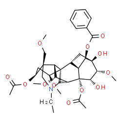 ChemSpider 2D Image | (1beta,3beta,5alpha,6alpha,8alpha,9alpha,11beta,14beta,15alpha,16alpha)-3,8-Diacetoxy-20-ethyl-13,15-dihydroxy-1,6,16-trimethoxy-4-(methoxymethyl)aconitan-14-yl benzoate | C36H49NO12
