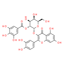 ChemSpider 2D Image | 2-(3,4-Dihydroxyphenyl)-5,7-dihydroxy-4-oxo-4H-chromen-3-yl 2-O-(3,4,5-trihydroxybenzoyl)-alpha-D-galactopyranoside | C28H24O16