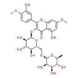 ChemSpider 2D Image | 5-Hydroxy-2-(3-hydroxy-4-methoxyphenyl)-7-methoxy-4-oxo-4H-chromen-3-yl 6-O-(6-deoxy-beta-L-mannopyranosyl)-alpha-D-glucopyranoside | C29H34O16