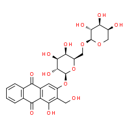ChemSpider 2D Image | 4-Hydroxy-3-(hydroxymethyl)-9,10-dioxo-9,10-dihydro-2-anthracenyl 6-O-alpha-L-arabinopyranosyl-beta-D-galactopyranoside | C26H28O14