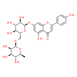 ChemSpider 2D Image | 5-Hydroxy-2-(4-hydroxyphenyl)-4-oxo-4H-chromen-7-yl 6-O-(6-deoxy-beta-L-mannopyranosyl)-alpha-D-glucopyranoside | C27H30O14