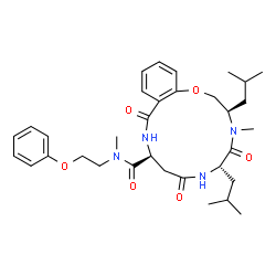 ChemSpider 2D Image | (3R,6S,10S)-3,6-Diisobutyl-N,4-dimethyl-5,8,12-trioxo-N-(2-phenoxyethyl)-3,4,5,6,7,8,9,10,11,12-decahydro-2H-1,4,7,11-benzoxatriazacyclotetradecine-10-carboxamide | C33H46N4O6