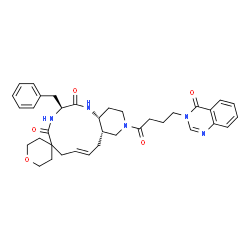 ChemSpider 2D Image | (3'S,8'E,10a'S,14a'R)-3'-Benzyl-12'-[4-(4-oxo-3(4H)-quinazolinyl)butanoyl]-2,3,3',4',5,6,7',10',10a',11',12',13',14',14a'-tetradecahydro-1'H-spiro[pyran-4,6'-pyrido[4,3-e][1,4]diazacyclododecine]-2',5
'-dione | C36H43N5O5