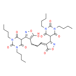 ChemSpider 2D Image | 1,3-Dibutyl-5-[(4Z)-4-{(2Z)-3-[3-(1,3-dibutyl-2,4,6-trioxohexahydro-5-pyrimidinyl)-5-hydroxy-1,2-oxazol-4-yl]-2-propen-1-ylidene}-5-oxo-4,5-dihydro-1,2-oxazol-3-yl]-2,4,6(1H,3H,5H)-pyrimidinetrione | C33H42N6O10