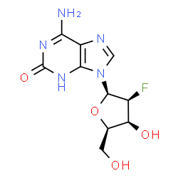 ChemSpider 2D Image | 6-Amino-9-(2-deoxy-2-fluoro-beta-D-lyxofuranosyl)-3,9-dihydro-2H-purin-2-one | C10H12FN5O4