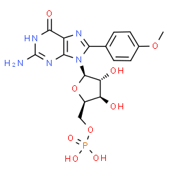 ChemSpider 2D Image | 2-Amino-8-(4-methoxyphenyl)-9-(5-O-phosphono-beta-D-xylofuranosyl)-1,9-dihydro-6H-purin-6-one | C17H20N5O9P