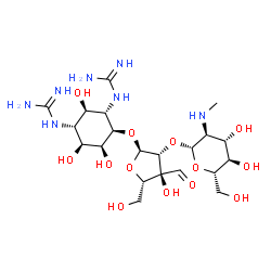 ChemSpider 2D Image | 1,1'-[(1R,2R,3S,4R,5S,6S)-4-({2-O-[2-Deoxy-2-(methylamino)-beta-L-glucopyranosyl]-3-C-formyl-alpha-L-arabinofuranosyl}oxy)-2,5,6-trihydroxy-1,3-cyclohexanediyl]diguanidine | C21H39N7O13