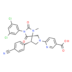 ChemSpider 2D Image | 6-[(5R,9S)-9-(4-Cyanophenyl)-3-(3,5-dichlorophenyl)-1-methyl-2,4-dioxo-1,3,7-triazaspiro[4.4]non-7-yl]nicotinic acid | C26H19Cl2N5O4