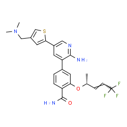 ChemSpider 2D Image | 4-(2-Amino-5-{4-[(dimethylamino)methyl]-2-thienyl}-3-pyridinyl)-2-{[(2R,3E)-5,5,5-trifluoro-3-penten-2-yl]oxy}benzamide | C24H25F3N4O2S