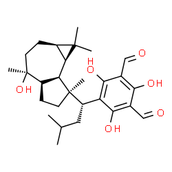 ChemSpider 2D Image | 2,4,6-Trihydroxy-5-{(1R)-1-[(1aR,4S,7S,7aR,7bR)-4-hydroxy-1,1,4,7-tetramethyldecahydro-1H-cyclopropa[e]azulen-7-yl]-3-methylbutyl}isophthalaldehyde | C28H40O6