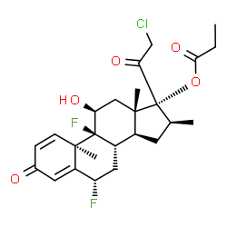 ChemSpider 2D Image | (6alpha,9beta,10alpha,11beta,16beta)-21-Chloro-6,9-difluoro-11-hydroxy-16-methyl-3,20-dioxopregna-1,4-dien-17-yl propionate | C25H31ClF2O5