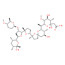 ChemSpider 2D Image | {(2R,3S,4S,5R)-2,4-Dihydroxy-6-[(1R)-1-{(2S,5R,7S,8R,9S)-9-hydroxy-2-[(2S,2'R,3'S,5R,5'R)-5'-[(2R,3S,5R,6S)-6-hydroxy-3,5,6-trimethyltetrahydro-2H-pyran-2-yl]-3'-{[(2S,5S,6R)-5-methoxy-6-methyltetrahy
dro-2H-pyran-2-yl]oxy}-2-methyloctahydro-2,2'-bifuran-5-yl]-2,8-dimethyl-1,6-dioxaspiro[4.5]dec-7-yl}ethyl]-5-methoxy-3-methyltetrahydro-2H-pyran-2-yl}acetic acid (non-preferred name) | C45H76O16