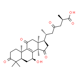 ChemSpider 2D Image | (7beta,10alpha,13alpha,25R)-7-Hydroxy-3,11,15,23-tetraoxolanost-8-en-26-oic acid | C30H42O7