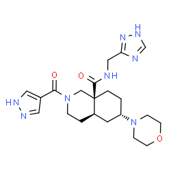 ChemSpider 2D Image | (4aR,6S,8aS)-6-(4-Morpholinyl)-2-(1H-pyrazol-4-ylcarbonyl)-N-(1H-1,2,4-triazol-3-ylmethyl)octahydro-8a(1H)-isoquinolinecarboxamide | C21H30N8O3