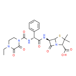 ChemSpider 2D Image | (2S,6R)-6-{[(2R)-2-{[(4-Ethyl-2,3-dioxo-1-piperazinyl)carbonyl]amino}-2-phenylacetyl]amino}-3,3-dimethyl-7-oxo-4-thia-1-azabicyclo[3.2.0]heptane-2-carboxylic acid | C23H27N5O7S