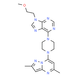ChemSpider 2D Image | 6-[4-(2,5-Dimethylpyrazolo[1,5-a]pyrimidin-7-yl)-1-piperazinyl]-9-(2-methoxyethyl)-9H-purine | C20H25N9O